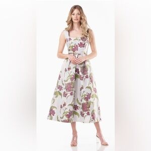 Kay Unger Brooke Tea Length Dress Floral Jacquard Pomegranate Pearl Sz 2